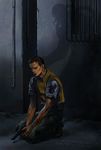  black_hair blood brad_vickers cuts gun hair_slicked_back handgun injury kneeling male_focus pistol resident_evil shadow short_sleeves solo vest weapon wolfina 