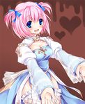  archbishop blue_eyes blush breasts fishnet_legwear fishnets garters heart looking_at_viewer medium_breasts open_mouth outstretched_arms pink_hair ragnarok_online short_hair short_twintails smile solo sorai_shin'ya thighhighs twintails 