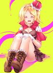  :d ^_^ blonde_hair blush boots breasts capelet cleavage closed_eyes creator crown gloves hairband medium_breasts mini_crown open_mouth ragnarok_online short_hair sitting smile solo sorai_shin'ya 