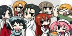  5girls ? akiha_rumiho amane_suzuha animal_ears back-to-back black_hair bow braid brown_hair cat_ears chan_co chibi closed_eyes dress eating everyone fake_animal_ears glasses grin hakama hashida_itaru hat hat_bow japanese_clothes kiryuu_moeka labcoat long_hair maid makise_kurisu multiple_boys multiple_girls necktie okabe_rintarou omelet open_mouth orange_hair pink_hair purple_eyes red_eyes shiina_mayuri shirt short_hair smile steins;gate sweatdrop t-shirt twin_braids twintails urushibara_ruka yellow_eyes 