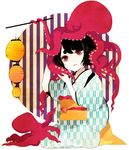  bad_id bad_pixiv_id black_hair closed_eyes hasuhashi japanese_clothes kimono lantern obi object_on_head octopus original paper_lantern red_eyes sash short_hair solo tentacles yagasuri 