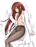  alternate_breast_size areolae blue_eyes blush brown_hair flat_chest kousaka_jun labcoat legs long_hair lying makise_kurisu navel nipples no_panties pantyhose solo steins;gate thighs 