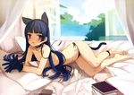  animal_ears ankle_ribbon barefoot bed_sheet bikini bikini_bottom black_bikini black_gloves black_ribbon blue_hair blush book cat_ears cat_tail choker couch curtains cushion doujinshi flat_chest gloves gokou_ruri hairband hands_together highres hime_cut indoors legs long_hair long_legs looking_at_viewer lying micro_bikini mole mole_under_eye nipples non-web_source on_side on_stomach ooyari_ashito open_hands ore_no_imouto_ga_konna_ni_kawaii_wake_ga_nai own_hands_together purple_eyes ribbon ribbon_choker side-tie_bikini smile solo swimsuit tail thighs topless window 