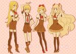  1boy 3girls bad_id bad_pixiv_id black_legwear blonde_hair blue_eyes bow chloe2021 color_connection garters hair_bow hair_color_connection hair_ribbon kagamine_len kagamine_rin lily_(vocaloid) long_hair multiple_girls one_eye_closed pantyhose ribbon seeu shoes short_hair shorts skirt smile thighhighs v very_long_hair vocaloid zettai_ryouiki 