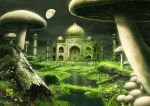  building circle_name cloud cloudy_sky commentary_request fantasy flower grass green landmark log moon mushroom night night_sky no_humans original outdoors overgrown post-apocalypse real_world_location river ruins scenery sky star_(sky) starry_sky taj_mahal tokyogenso 