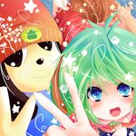  1girl ahoge animal_ears bad_id bad_pixiv_id beanie blue_eyes crossover dog dress fang frog green_hair hat kasodani_kyouko open_mouth parappa parappa_the_rapper shiro_(kiron) short_hair smile tail touhou v 