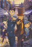  3boys ayasato_mayoi black_hair brown_hair crossover formal gyakuten_saiban hat hershel_layton long_hair luke_triton market multiple_boys naruhodou_ryuuichi necktie nuri_kazuya official_art pointing professor_layton professor_layton_vs._gyakuten_saiban short_hair smile top_hat 