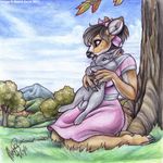  anthro clouds doe dress female feral grass holding hooves kneeling lagomorph leaves mayra_boyle mountain nature outside rabbit tree wood 