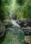  blue_eyes blue_hair cirno dress forest highres ichimi_tougarashi moss nature river rock skirt_hold solo touhou tree wading water 