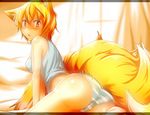  animal_ears ass bare_shoulders blonde_hair blush breasts commentary_request fox_ears fox_tail indoors looking_back medium_breasts no_hat no_headwear panties short_hair sleeveless solo striped striped_panties tail tamahana tank_top touhou underwear underwear_only yakumo_ran 