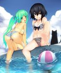  all_fours ass bad_feet bad_id bad_pixiv_id ball barefoot beachball bikini black_cat black_hair blue_eyes blush bow breasts cat from_behind ginji74 green_eyes green_hair grin highres legs long_hair looking_back medium_breasts multiple_girls navel open_mouth original short_hair sideboob sitting smile soaking_feet striped striped_bikini striped_swimsuit swimsuit twintails water wet 