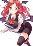  ascot ayasugi_tsubaki bat_wings black_legwear book breasts green_eyes head_wings high_heels holding holding_book koakuma long_hair long_sleeves medium_breasts pencil_skirt red_hair shoes skirt smile solo thighhighs touhou uniform vest wings zettai_ryouiki 