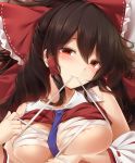  areolae bandages bangs bare_shoulders bed_sheet between_breasts black_hair blue_neckwear blush bow breasts collarbone detached_sleeves frilled_bow frills hair_between_eyes hair_bow hair_tubes hakurei_reimu hand_up head_tilt highres large_breasts long_hair long_sleeves looking_at_viewer mouth_hold necktie necktie_between_breasts red_bow red_eyes ribbon-trimmed_sleeves ribbon_trim sarashi sidelocks smile solo touhou toyosaki_shu upper_body wide_sleeves 
