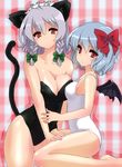  animal_ears bare_legs bare_shoulders barefoot bat_wings bow braid breast_press breasts cat_ears cat_tail cleavage collarbone grey_hair hair_bow izayoi_sakuya kemonomimi_mode kittysuit large_breasts leotard maid_headdress multiple_girls one-piece_swimsuit red_eyes remilia_scarlet short_hair sibata sitting swimsuit tail touhou twin_braids wariza wings 