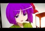  :d :o blush bow green_kimono hair_bow hieda_no_akyuu japanese_clothes kamelie kimono lantern letterboxed open_mouth purple_eyes purple_hair short_hair smile solo touhou yukata 