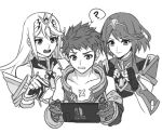  2girls armor bangs black_hair blush bodysuit controller fingerless_gloves game_console game_controller gloves handheld_game_console hikari_(xenoblade_2) holding homura_(xenoblade_2) joy-con kamu_(kamuuei) long_hair monochrome multiple_girls nintendo nintendo_switch open_mouth playing_games rex_(xenoblade_2) short_hair smile xenoblade_(series) xenoblade_2 