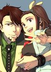  1girl bad_id bad_pixiv_id bow bracelet brown_eyes brown_hair facial_hair father_and_daughter flops hair_bow jewelry kaburagi_kaede kaburagi_t_kotetsu necktie ring short_hair side_ponytail stubble tiger_&amp;_bunny v vest waistcoat watch wedding_band wristwatch 