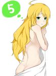  :3 ahoge ass back bad_id bad_pixiv_id blonde_hair blush covering from_behind green_eyes hoshii_miki idolmaster idolmaster_(classic) long_hair looking_back minatsuki_randoseru nude_cover simple_background solo towel 