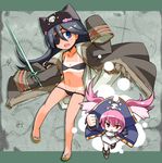  blue_eyes blue_hair boots captain_vanilla embarrassed eyepatch gloves hat jacket kugelschreiber multiple_girls onoha_mespos pink_hair pirate_hat rance_(series) rance_quest sandals skull_and_crossbones swimsuit sword tan tanline twintails weapon 