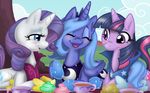  alicorn blue_eyes blue_hair blush cupcakes cute cutie_mark equestria-prevails equine eyes_closed female feral food friendship_is_magic grass group hair hi_res horn horse long_hair magic mammal muffin my_little_pony picnic pony princess_luna_(mlp) purple_eyes purple_hair rarity_(mlp) short_hair smile tea tea_cups teacup tree twilight_sparkle_(mlp) unicorn winged_unicorn wings wood 