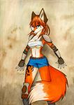  breasts canine clothed clothing female fox foxinshadow hair looking_at_viewer mammal red_hair skimpy solo standing unconvincing_armor zero-sum 