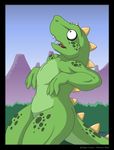  ambiguous_gender anthro body_markings dinosaur green green_body javanshir jurassic markings mountain open_mouth scalie sharp_teeth spots standing teeth 