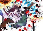  abstract benio_(dontsugel) black_hair blouse bow cape dots falling fire flare frills gloves leg_armor long_hair low_wings no_socks red_eyes reiuji_utsuho skirt smile solo touhou wings 