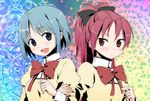  blue_eyes blue_hair bow ekra hair_bow hair_ornament hairclip locked_arms long_hair mahou_shoujo_madoka_magica miki_sayaka multiple_girls ponytail puffy_sleeves red_eyes red_hair sakura_kyouko school_uniform short_hair 