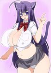  ahoge animal_ears asobi_ni_iku_yo! bespectacled blush breasts bursting_breasts cat_ears cat_tail cleavage covered_nipples dress_shirt fang glasses huge_breasts kusaka_souji kuune long_hair midriff navel panties pantyshot pointing purple_eyes purple_hair school_uniform shirt skirt solo tail unbuttoned underwear 