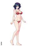  barefoot bikini black_hair breasts cleavage clenched_hands covered_nipples feet full_body heel_raised kagami_hirotaka kagami_no_kuni_no_harisugawa large_breasts matsukawa_saki navel outstretched_wrists red_bikini short_hair simple_background smile solo standing swimsuit white_background 