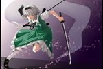  bow dress dual_wielding hair_bow highres hitodama holding konpaku_youmu konpaku_youmu_(ghost) m134 solo sword touhou weapon 