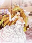  1girl absurdres animal_ears blonde_hair blush breasts cleavage dress elbow_gloves fox gloves highres jewelry kanokon koin koin_(foxmark) large_breasts long_hair minamoto_chizuru necklace open_mouth smile solo tail wedding_dress 