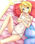  bad_id bad_pixiv_id bed blonde_hair blue_eyes heart highres kagamine_rin keikotsu lying one-piece_swimsuit pillow school_swimsuit short_hair solo swimsuit vocaloid white_school_swimsuit white_swimsuit 