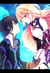  1girl bad_id bad_pixiv_id black_hair blonde_hair choker coat couple gloves hetero jude_mathis long_hair milla_maxwell nagonmaou red_eyes skirt smile strapless tales_of_(series) tales_of_xillia tubetop yellow_eyes 