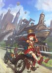  1girl aircraft bicycle blue_eyes blush cloud day ground_vehicle gun hat holding hot_air_balloon locomotive long_hair open_mouth original ponytail red_hair riding robot shaonav sky steam_locomotive steampunk top_hat weapon 