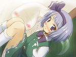  against_wall black_hairband blue_eyes blue_hair blush bob_cut bow bowtie dress dutch_angle ghost hair_bow hairband hitodama kneehighs konpaku_youmu konpaku_youmu_(ghost) looking_at_viewer murasaki_kajima nose_blush shirt sitting skirt smile solo touhou vest white_legwear 