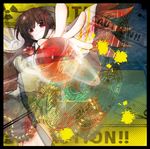 :d abstract bangs benio_(dontsugel) blouse bow brown_hair cape caution energy_ball frills long_hair looking_at_viewer open_mouth radiation_symbol red_eyes reiuji_utsuho skirt smile solo teeth third_eye touhou wings 