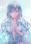  blue_eyes blue_hair blush breasts cleavage fujisaka_kuuki hand_on_own_chest long_hair looking_at_viewer medium_breasts navel nipples no_bra open_clothes open_mouth open_shirt original see-through shirt sleeves_rolled_up solo 