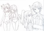  1boy 2girls ^_^ arm_hug bad_id bad_pixiv_id bikini breasts cleavage closed_eyes crossed_arms dual_persona genderswap genderswap_(mtf) graphite_(medium) greyscale kita_high_school_uniform koizumi_itsuki_(female) kyon kyonko medium_breasts monochrome multiple_girls mushi024 necktie ponytail school_uniform serafuku side-tie_bikini sketch smile suzumiya_haruhi_no_yuuutsu sweatdrop swimsuit tankini traditional_media turtleneck 