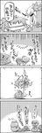  4koma aki_minoriko aki_shizuha anger_vein bow cheek_pull cirno closed_eyes comic daiyousei dress figure_four_leglock greyscale hair_bow highres leaf leaf_on_head letty_whiterock maple_leaf monochrome multiple_girls scarf side_ponytail sitting smile tani_takeshi touhou translated wings yukkuri_shiteitte_ne 