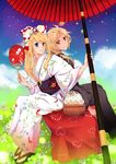  1girl alternate_costume back-to-back bad_id bad_pixiv_id blonde_hair blue_eyes bow cloud couple day edward_elric fan flower fullmetal_alchemist hair_bow hana's_(sora_no_kioku) heart hetero highres japanese_clothes jupiter kimono long_hair obentou obi orange_eyes oriental_umbrella paper_fan parasol planet sandals sash saturn sitting sky smile uchiwa umbrella winry_rockbell yukata 