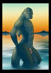  abs anthro biceps fish glans great_white_shark keglunek landscape lewy looking_at_viewer male marine muscles nude pecs penis pose scales seductive shark sheath solo standing sunset uncut water wet 