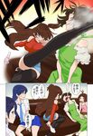  4girls akizuki_ryou antenna_hair bare_shoulders black_legwear blue_eyes blue_hair brown_eyes brown_hair comic crossdressing dress hair_ornament hairclip hidaka_ai idolmaster idolmaster_(classic) idolmaster_dearly_stars kicking kisaragi_chihaya long_hair mizutani_eri multiple_girls necktie otoko_no_ko sakurai_yumeko skirt sweatdrop thighhighs translated unconscious wata_do_chinkuru 