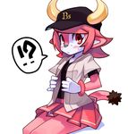  bad_id bad_pixiv_id baseball_cap blush buffalo_bell clothes_writing fukumaaya gloves hat horns looking_at_viewer mascot miniskirt nippon_professional_baseball orix_buffaloes pleated_skirt pointy_ears red_skirt simple_background sitting skirt solo white_background white_gloves 