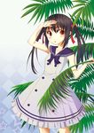  alternate_costume bad_id bad_pixiv_id bamboo black_hair blush brown_hair dress gradient gradient_background hair_ribbon k-on! long_hair looking_back mimika_(puetilun) nakano_azusa plant red_eyes ribbon sailor_collar sailor_dress shading_eyes sidelocks solo twintails 