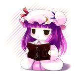  :&lt; black_eyes book chibi crescent hat highres jitome long_hair o_o open_book open_mouth patchouli_knowledge purple_hair ribbon solo touhou yume_shokunin 