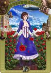  3boys aircraft art_nouveau bad_id bad_pixiv_id bioshock bioshock_infinite blue_eyes blurry booker_dewitt boots breasts brown_hair choker cleavage clock cloud day depth_of_field dirigible dress elizabeth_(bioshock_infinite) flower handyman_(bioshock_infinite) highres horse jacket medium_breasts multiple_boys petals rose smoke songbird_(bioshock_infinite) vox_populi yorimitsu zeppelin 