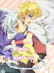  animal_ears blonde_hair blue_eyes blush cape cat_ears dog_days fang gaul_galette_des_rois heart hug lion_tail male_focus midriff multiple_boys paw_print shinku_izumi tail white_hair yaoi yellow_eyes yuratoko 