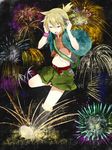  belt blonde_hair bracelet closed_eyes fire_flower_(vocaloid) fireworks headphones highres jacket jewelry kagamine_len kuromu_(underporno) male_focus shorts solo vocaloid 