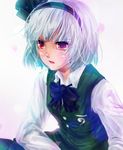  bad_id bad_pixiv_id black_hairband bow bowtie cherry_blossoms hairband konpaku_youmu kuroda_(kuro_yyy) long_sleeves open_mouth petals red_eyes short_hair silver_hair solo touhou upper_body vest 